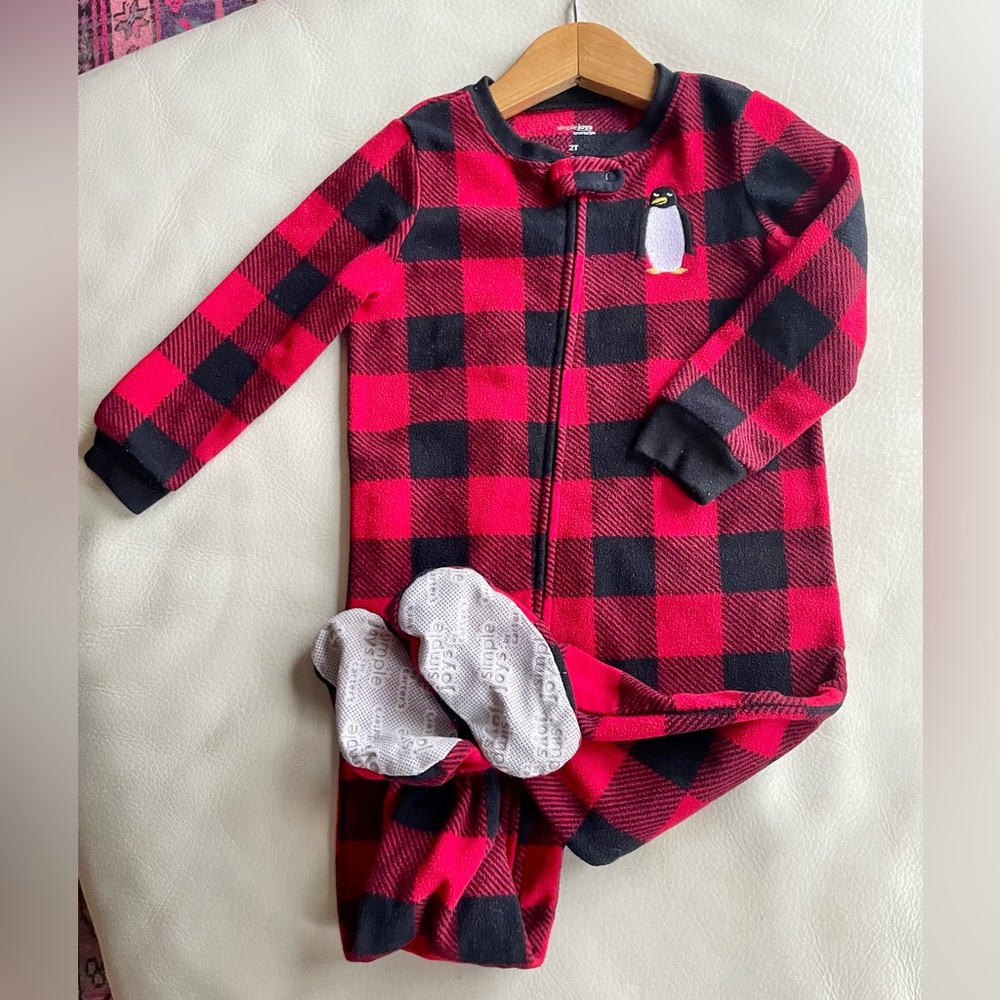 5/$30💥Fleece Winter Footed One Piece Pajamas, Red Black Buffalo Plaid, Penguin